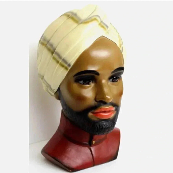 Vintage MCM Marwal Chalkware Bust Middle Eastern Turban Man 11 1/2" Stamped - Picture 2 of 3